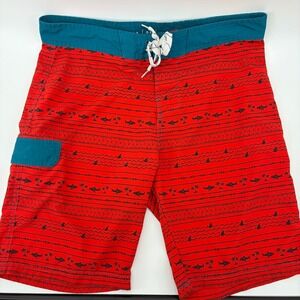 Carbon Board Swim Shorts Mens 34 Red Shark Palm Tree Print Swim Trunks 10"